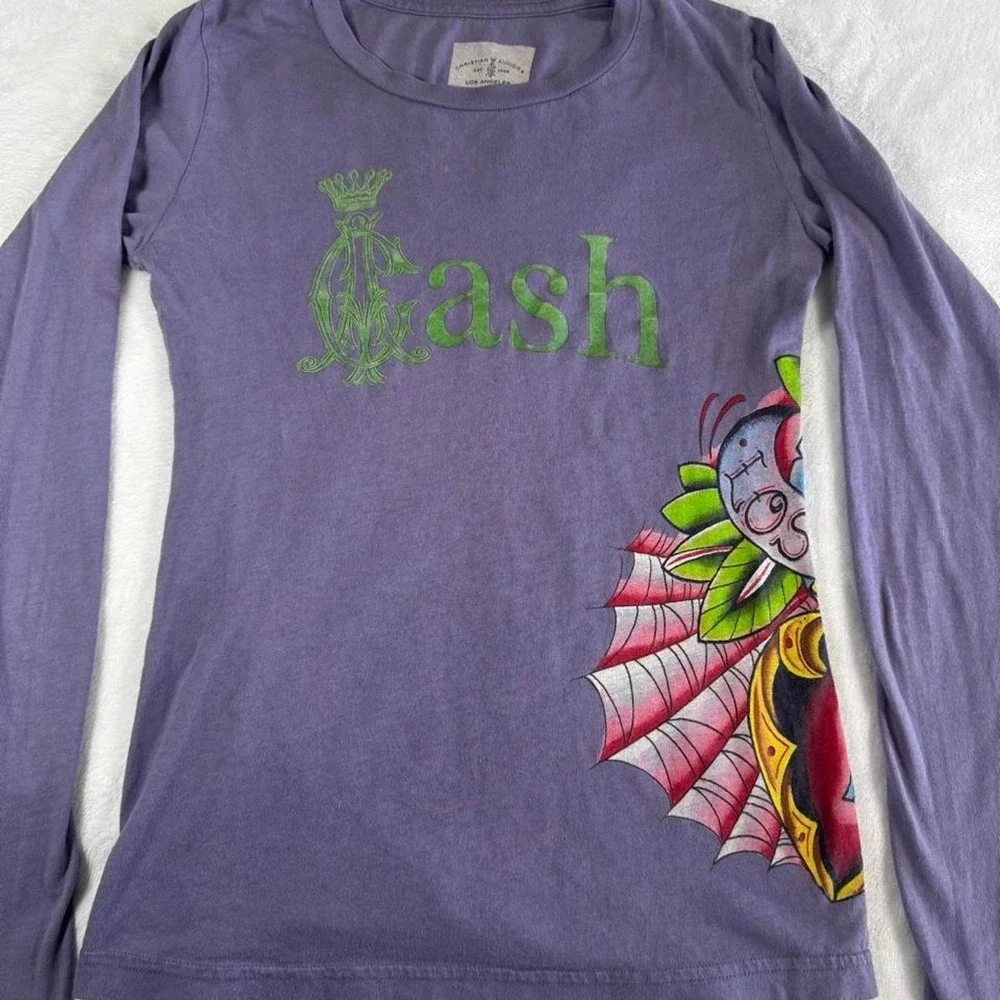 Rare grail Christian Audigier‎ Ed Hardy purple cash graphic top y2k vintage
